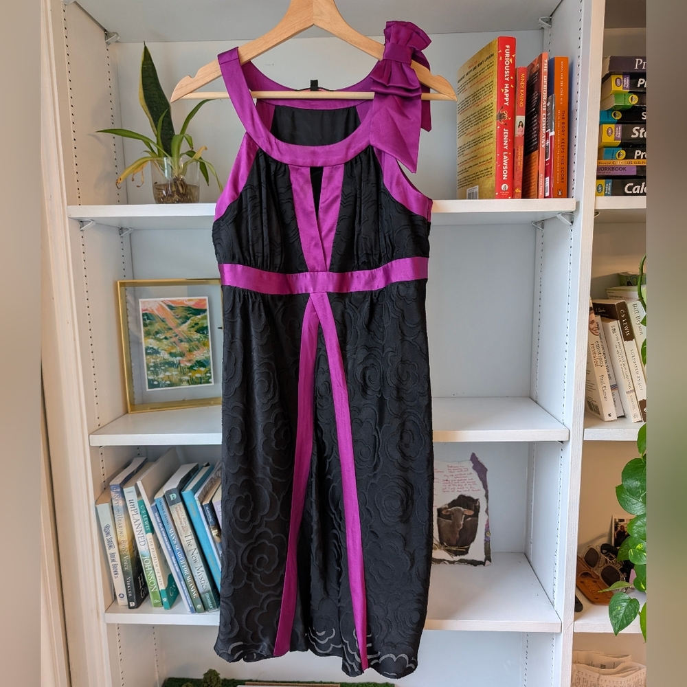 Vintage Betsey Johnson Dress Bow Babydoll Black Purple Size 6 90s Party Cocktail